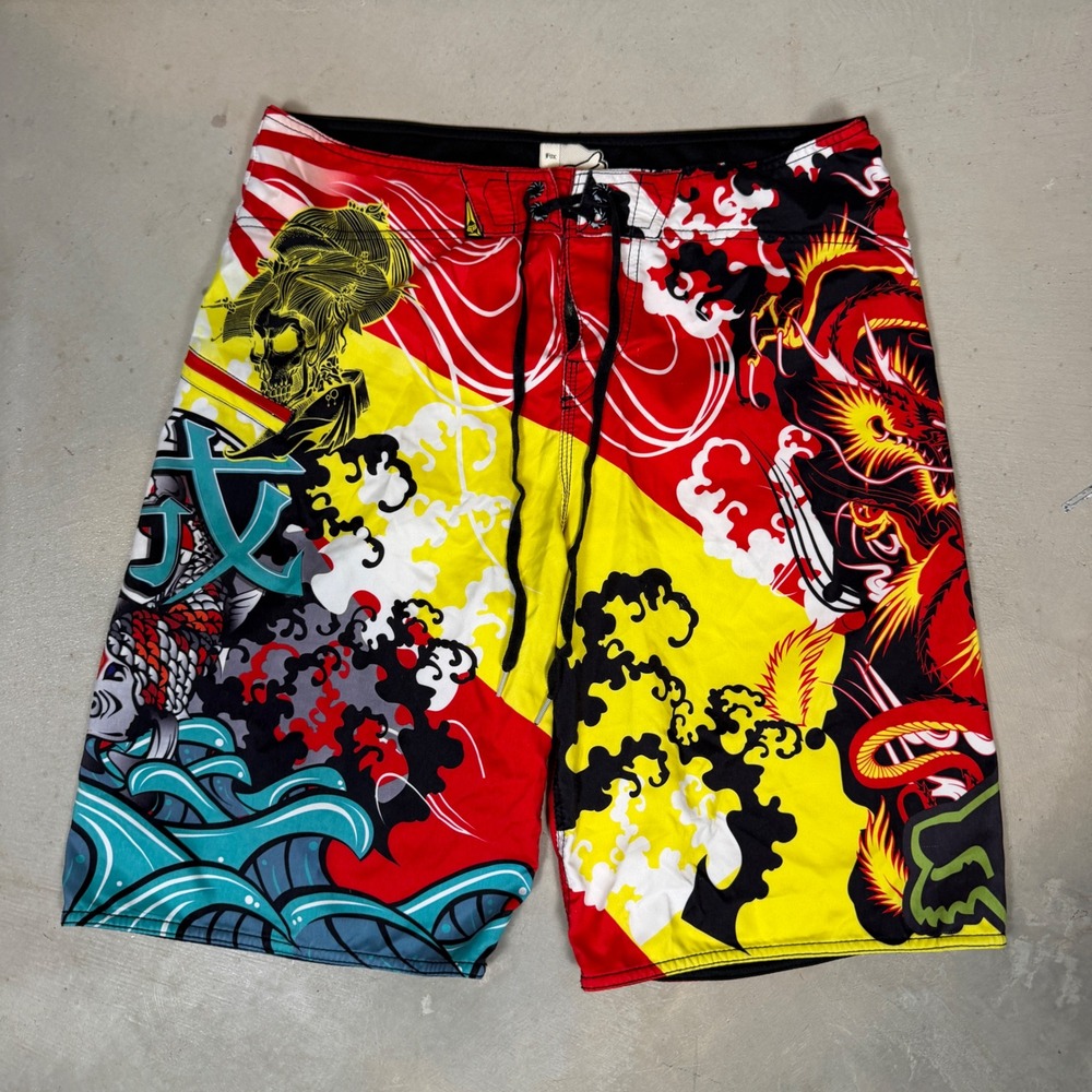 Fox Racing Mens AOP Board Shorts Size 36 Dragon Skull Japanese Print Multicolor